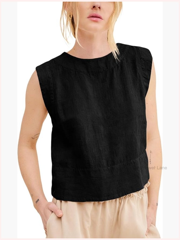 Cotton Linen Tank Top Loose Back Button Crewneck Vest Sleeveless Summer Shirt